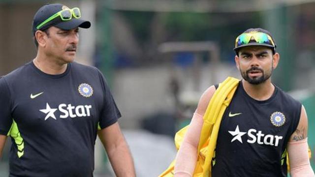 Ravi Shastri and Virat Kohli during a practice session.  (AFP)
