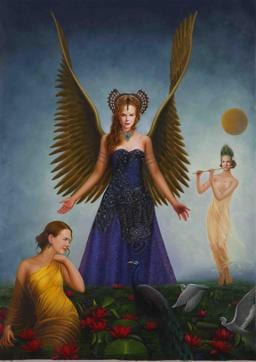 The three figures in Raghu Vyas 42X58 inches painting, titled Three Graces, represent charm, beauty and creativity. The three figures in Raghu Vyas 42X58 inches painting, titled Three Graces, represent charm, beauty and creativity.