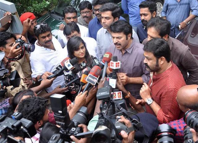 Actors Mammootty, Mohanlal and other artistes from the Malayalam film industry address the media at Aluva in Kochi on Tuesday over the arrest of Dileep in an abduction case. (PTI) Actors Mammootty, Mohanlal and other artistes from the Malayalam film industry address the media at Aluva in Kochi on Tuesday over the arrest of Dileep in an abduction case. (PTI)