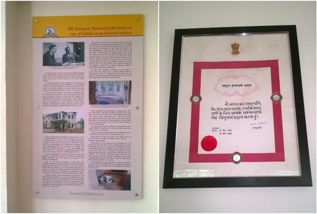 (Left) The story of how RK Narayan’s house was saved from being razed, restored and turned into a literary shrine. The Padma Vibhushan that Narayan received in 2000. (Nivedita Mishra/HT Photo) (Left) The story of how RK Narayan’s house was saved from being razed, restored and turned into a literary shrine. The Padma Vibhushan that Narayan received in 2000. (Nivedita Mishra/HT Photo)