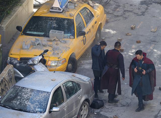 Mark Ruffalo, from left, Benedict Wong and Benedict Cumberbatch appear on the set during filming of Avengers: Infinity War, Monday, June 26 in Atlanta. (AP)