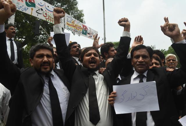 Pakistani lawyers shout slogans against Prime Minister Nawaz Sharif during a protest in Lahore. (AFP) Pakistani lawyers shout slogans against Prime Minister Nawaz Sharif during a protest in Lahore. (AFP)