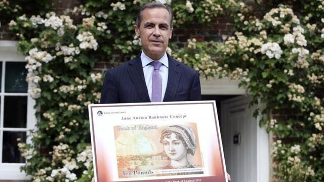 Governor of the Bank of England, Mark Carney, holding the concept design for the new Bank of England £10 note featuring Jane Austen. (Getty Images) Governor of the Bank of England, Mark Carney, holding the concept design for the new Bank of England £10 note featuring Jane Austen. (Getty Images)
