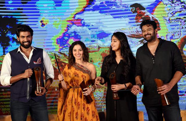 Rana Daggubati (extreme L), Tamannaah Bhatia (2nd L), Anushka Shetty and Prabhas during the Malayalam audio launch of Baahubali. (PTI)