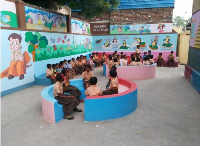 Pleasing seating areas, space for interaction: The old school now is all bright and cheerful (HT Photo) Pleasing seating areas, space for interaction: The old school now is all bright and cheerful (HT Photo)