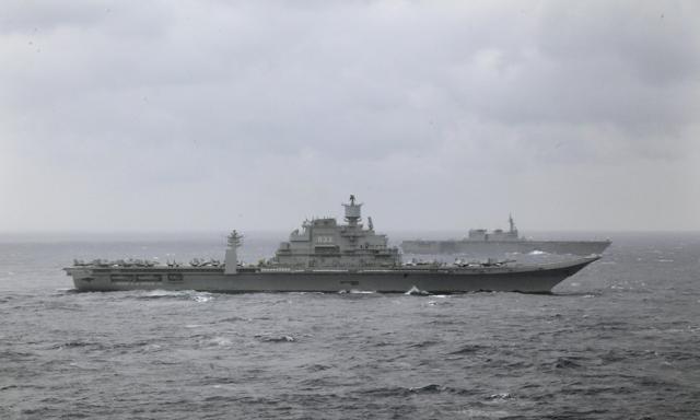 Indian naval ship INS Vikramaditya, foreground and Japan's helicopter carrier Izumo, behind participate in the Malabar 2017 tri-lateral exercises between India, Japan and US in the Bay of Bengal, Monday, July 17, 2017. (AP) Indian naval ship INS Vikramaditya, foreground and Japan's helicopter carrier Izumo, behind participate in the Malabar 2017 tri-lateral exercises between India, Japan and US in the Bay of Bengal, Monday, July 17, 2017. (AP)
