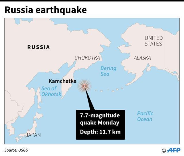 Map of Russia locating a 7.8-magnitude quake off the east coast on Monday. (AFP Photo) Map of Russia locating a 7.8-magnitude quake off the east coast on Monday. (AFP Photo)