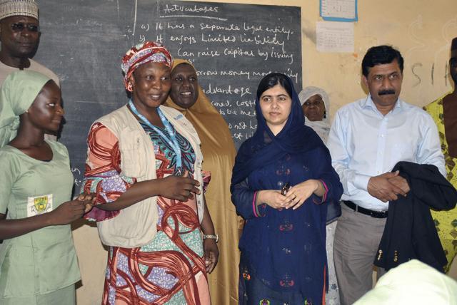 Pakistani activist Malala Yousafzai (in blue) during a visit to a school in Maiduguri, Nigeria, on Tuesday. (AP Photo) Pakistani activist Malala Yousafzai (in blue) during a visit to a school in Maiduguri, Nigeria, on Tuesday. (AP Photo)