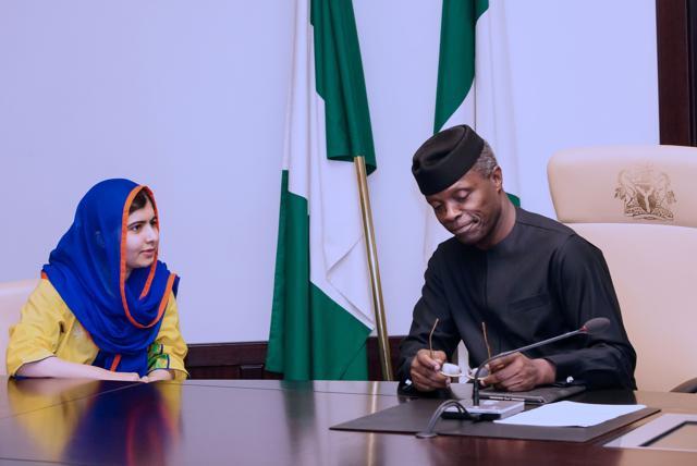 Pakistani activist Malala Yousafzai (L) speaks with Nigeria's Acting President Yemi Osinbajo during her courtesy visit to the presidency in Abuja on Monday. (AFP) Pakistani activist Malala Yousafzai (L) speaks with Nigeria's Acting President Yemi Osinbajo during her courtesy visit to the presidency in Abuja on Monday. (AFP)