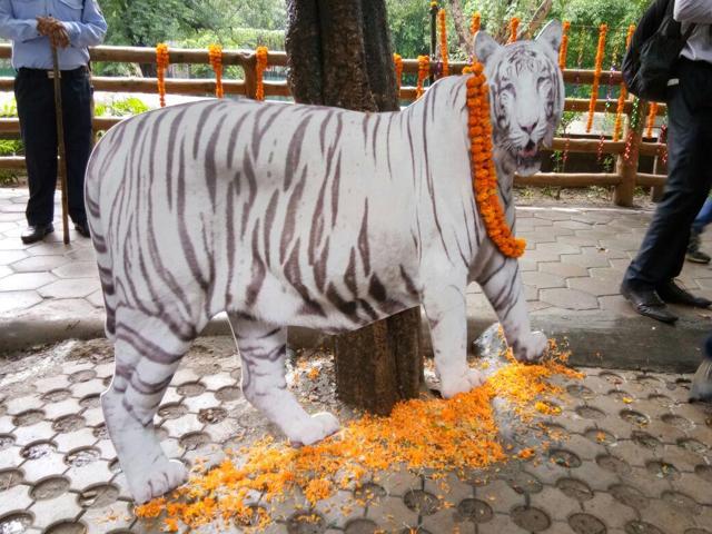 A cardboard cut-out of the tiger was placed near the animal’s enclosure. (Joydeep Thakur / HT Photo) A cardboard cut-out of the tiger was placed near the animal’s enclosure. (Joydeep Thakur / HT Photo)