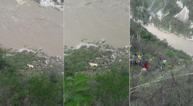 A combination photo shows the bus at the bottom of the gorge and rescuers moving towards the accident site. (HT Photos)