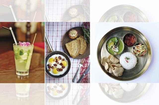 (From left to right) A detox drink served at Smoke House Deli; chorizo and house sausages with skillet fried eggs served at Smoke House Deli; a thali served at Social, where food is served on chunky tin plates and alcohol in full-bodied Paua glasses.