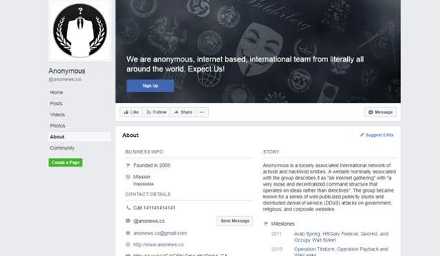 Facebook page of ‘Anonymous’.