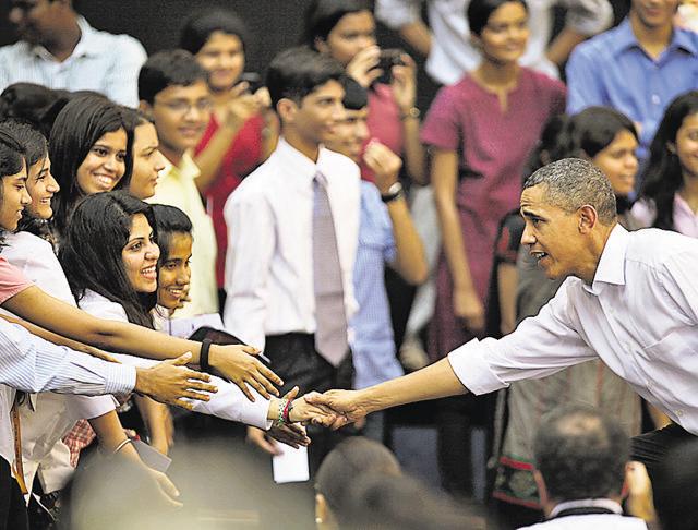 Then US President Barack Obama spent 45 minutes interacting with 300odd students at St Xavier’s College as he visited Mumbai during his India trip. He was accompanied by the then First Lady Michelle Obama. (HT FILE) Then US President Barack Obama spent 45 minutes interacting with 300odd students at St Xavier’s College as he visited Mumbai during his India trip. He was accompanied by the then First Lady Michelle Obama. (HT FILE)