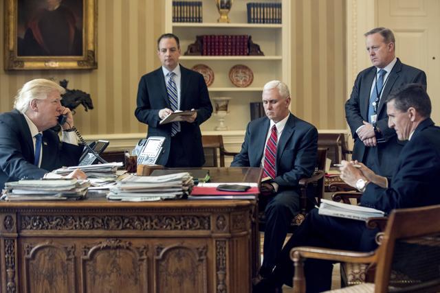 President Donald Trump accompanied by, from second from left, Chief of Staff Reince Priebus, Vice President Mike Pence, White House press secretary Sean Spicer and National Security Adviser Michael Flynn. Almost from Day One, it was clear that Sean Spicer would ride a uniquely rocky and humiliating road as President Donald Trump’s White House press secretary. (AP File Photo) President Donald Trump accompanied by, from second from left, Chief of Staff Reince Priebus, Vice President Mike Pence, White House press secretary Sean Spicer and National Security Adviser Michael Flynn. Almost from Day One, it was clear that Sean Spicer would ride a uniquely rocky and humiliating road as President Donald Trump’s White House press secretary. (AP File Photo)