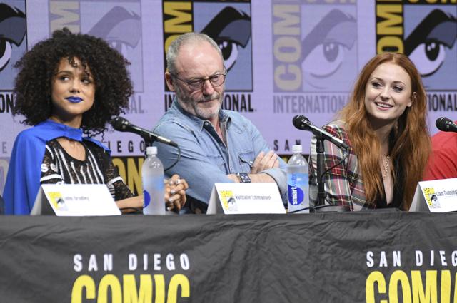 Nathalie Emmanuel, from left, Liam Cunningham, and Sophie Turner attend the Game of Thrones panel. (Powers Imagery/Invision/AP) Nathalie Emmanuel, from left, Liam Cunningham, and Sophie Turner attend the Game of Thrones panel. (Powers Imagery/Invision/AP)