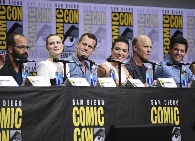 Jeffrey Wright, from left, Evan Rachel Wood, Jonathan Nolan, Lisa Joy, Ed Harris, and James Marsden attend the Westworld panel on day three of Comic-Con International. (Richard Shotwell/Invision/AP) Jeffrey Wright, from left, Evan Rachel Wood, Jonathan Nolan, Lisa Joy, Ed Harris, and James Marsden attend the Westworld panel on day three of Comic-Con International. (Richard Shotwell/Invision/AP)