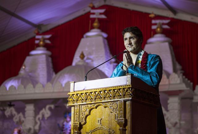 Canada's Prime Minister Justin Trudeau speaks as he visits the BAPS Shri Swaminarayan Mandir. (AP) Canada's Prime Minister Justin Trudeau speaks as he visits the BAPS Shri Swaminarayan Mandir. (AP)