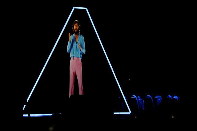 A hologram of cast member Jared Leto is projected at a panel for Ready Player One. (REUTERS) A hologram of cast member Jared Leto is projected at a panel for Ready Player One. (REUTERS)