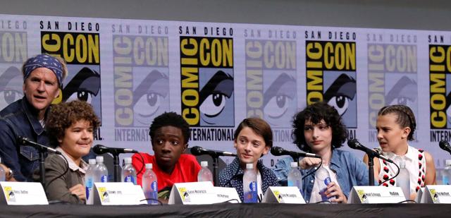 Matthew Modine, Gaten Matarazzo, Caleb McLaughlin, Noah Schnapp, Finn Wolfhard and Millie Bobby Brown at a panel for Stranger Things during the 2017 Comic-Con International Convention in San Diego. (REUTERS) Matthew Modine, Gaten Matarazzo, Caleb McLaughlin, Noah Schnapp, Finn Wolfhard and Millie Bobby Brown at a panel for Stranger Things during the 2017 Comic-Con International Convention in San Diego. (REUTERS)