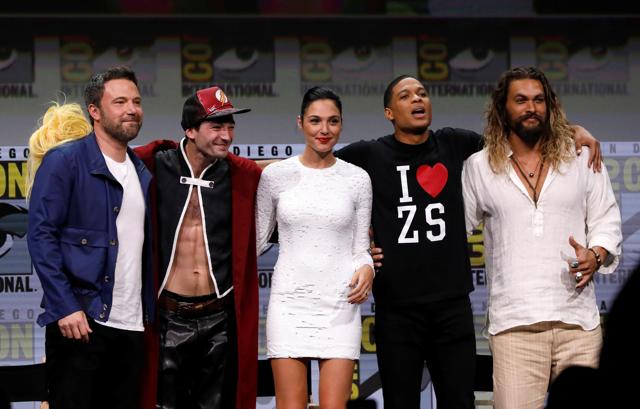 Cast members (L-R) Ben Affleck, Ezra Miller, Gal Gadot, Ray Fisher and Jason Momoa at a panel for Justice League during the 2017 Comic-Con International Convention in San Diego. (REUTERS)