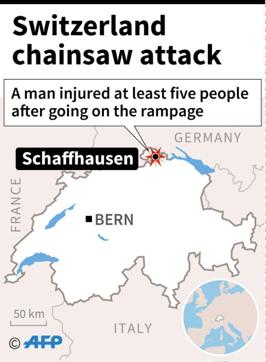 Map locating the Swiss town of Schaffhausen, where a man armed with a chainsaw injured at least five people. (AFP) Map locating the Swiss town of Schaffhausen, where a man armed with a chainsaw injured at least five people. (AFP)