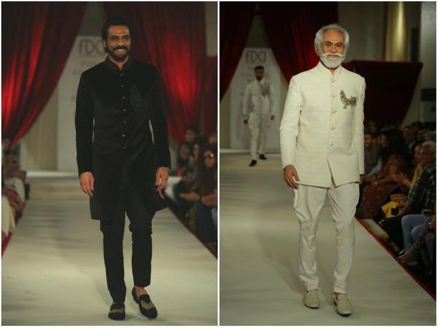 Arjun Rampal turned showstopper for Rohit Bal; FDCI president Sunil Sethi in a white on white ensemble.