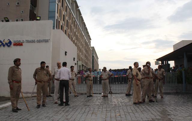 Police at the Vivo factory in Greater Noida. (HT)