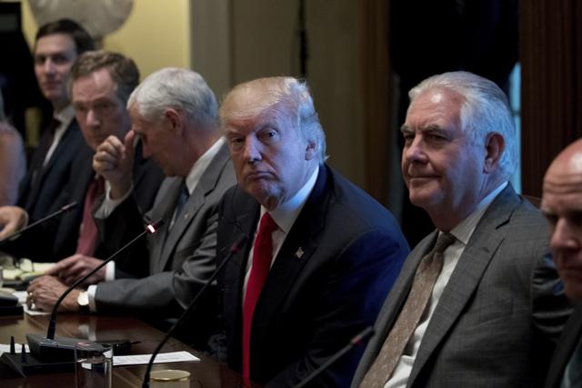 (From left) White House senior adviser Jared Kushner, US trade representative Robert Lighthizer, vice president Mike Pence, Donald Trump, secretary of state Rex Tillerson and national security adviser HR McMaster in the White House on May 31, 2017.  (AP)
