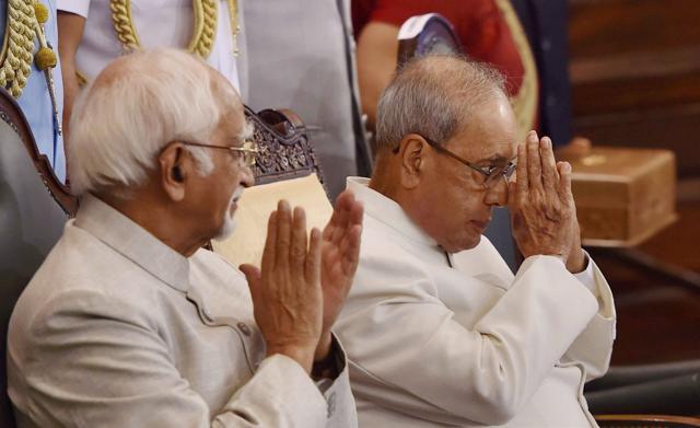 President Pranab Mukherjee (R) gestures after his speech during his farewell ceremony in the Central Hall of Parliament in New Delhi. (Shahbaz Khan / PTI) President Pranab Mukherjee (R) gestures after his speech during his farewell ceremony in the Central Hall of Parliament in New Delhi. (Shahbaz Khan / PTI)