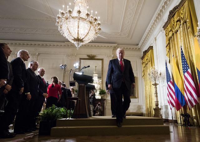 Donald Trump departs a news conference at the White House on May 18, 2017.  (NYT)