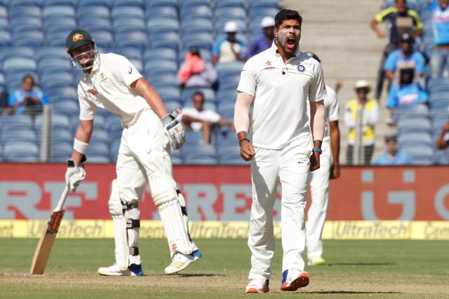 Umesh Yadav of India celebrates the wicket of Matthew Wade of Australia during day one of the first Test match between India and Australia in Pune on Feb 23, 2017. (BCCI)