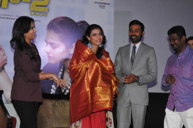 Actors Kajol, Dhanush with director Soundarya Rajinikanth during the promotion of their upcoming film VIP 2in New Delhi on July 24. (IANS)