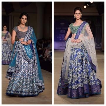 The aqua-toned lehenga with gilded embroidery is perfect for a day wedding. (PHOTOS: RAAJESSH KASHYAP/HT) The aqua-toned lehenga with gilded embroidery is perfect for a day wedding. (PHOTOS: RAAJESSH KASHYAP/HT)