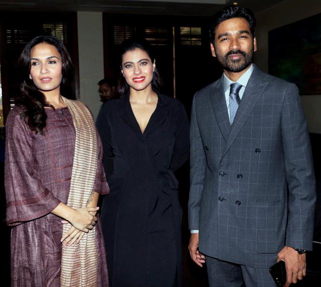 Kajol and south Indian actor Dhanush during the promotion of VIP 2, directed by Soundarya Rajnikanth, in Mumbai. (PTI)