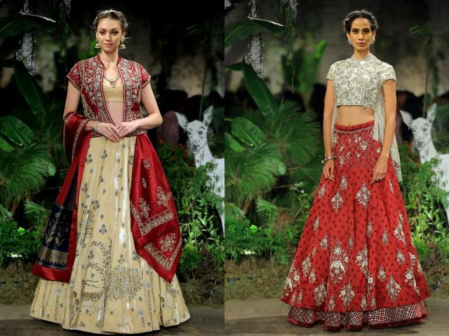 Golds and ruby reds looked regal on heavy-set lehengas.