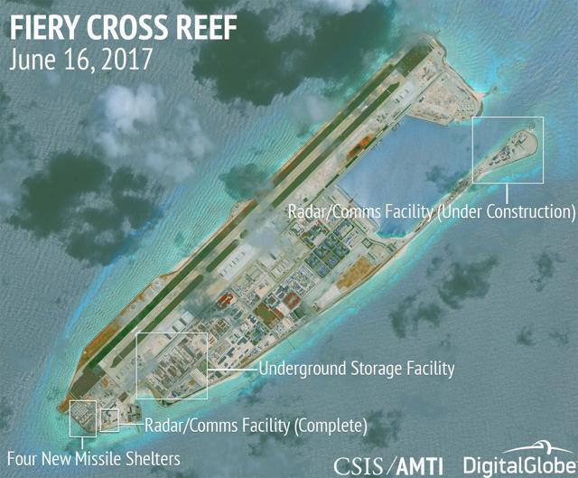 Construction is shown on Fiery Cross Reef, in the Spratly Islands, the disputed South China Sea in this June 16, 2017 satellite image released by CSIS Asia Maritime Transparency Initiative at the Center for Strategic and International Studies (CSIS) to Reuters on June 29, 2017. (CSIS/AMTI/Digital Globe) Construction is shown on Fiery Cross Reef, in the Spratly Islands, the disputed South China Sea in this June 16, 2017 satellite image released by CSIS Asia Maritime Transparency Initiative at the Center for Strategic and International Studies (CSIS) to Reuters on June 29, 2017. (CSIS/AMTI/Digital Globe)