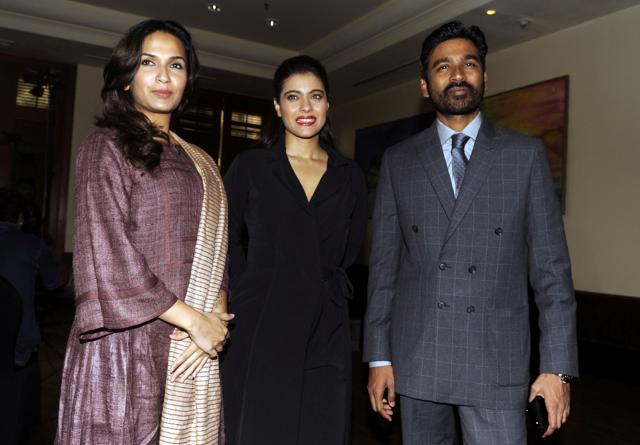 Kajol, ) Dhanush and Soundarya Rajnikanth promote VIP 2 in Mumbai on July 26, 2017. (AFP) Kajol, ) Dhanush and Soundarya Rajnikanth promote VIP 2 in Mumbai on July 26, 2017. (AFP)