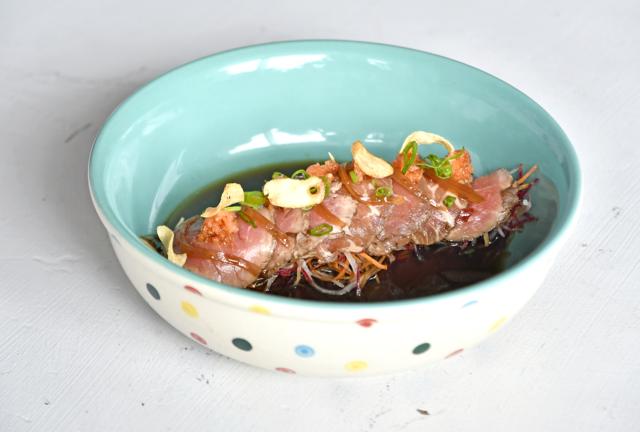 The thinly sliced meat in the tenderloin tataki was a little gamey; the bed of crisp vegetables on which it sat was more enjoyable. (Shashi Kashyap / HT Photo)