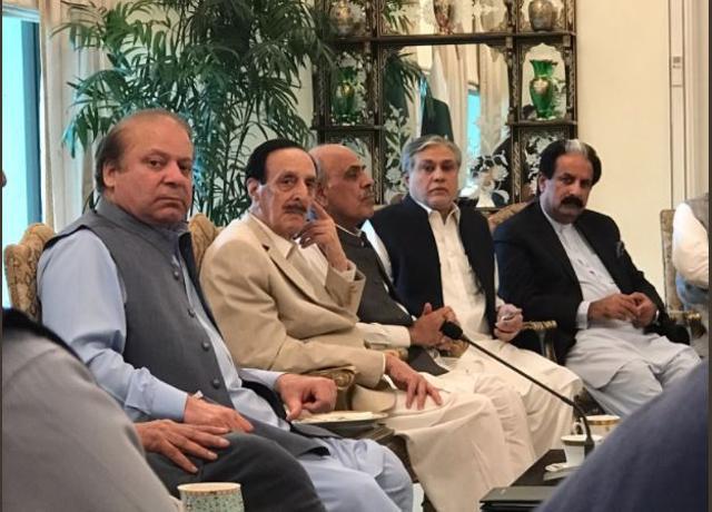 Former Pakistan prime minister Nawaz Sharif with leaders of his PML-N party and its allies during a meeting in Islamabad on July 28, 2017. (Twitter)