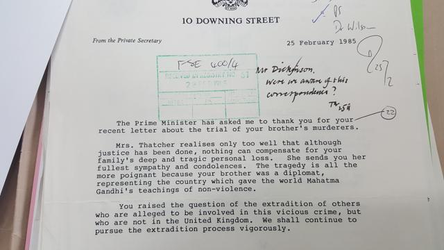 Letter sent to Ravindra Mhatre’s brother Avinash by then Prime Minister Margaret Thatcher’s office. (HT Photo) Letter sent to Ravindra Mhatre’s brother Avinash by then Prime Minister Margaret Thatcher’s office. (HT Photo)