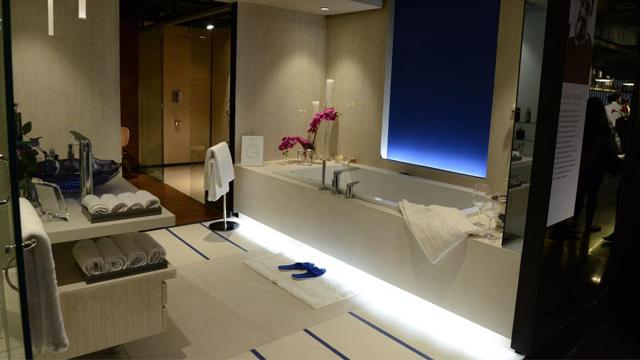 Sarbjit Singh of Fabinteriors makes use of a sleek, neutral palette with a splash of azure to create the ultramodern AZURE – Splendors of the Seaside Horizon (Kohler)