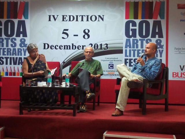 Eunice de Souza at the Goa Arts & Literary Festival (2013) with writer George Menezes (centre), and Vivek Menezes, curator of the festival and author of this piece. (Anjali Menezes) Eunice de Souza at the Goa Arts & Literary Festival (2013) with writer George Menezes (centre), and Vivek Menezes, curator of the festival and author of this piece. (Anjali Menezes)
