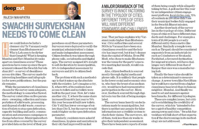 The Hindustan Times May 7 column on Swachh Survekshan. The Hindustan Times May 7 column on Swachh Survekshan.
