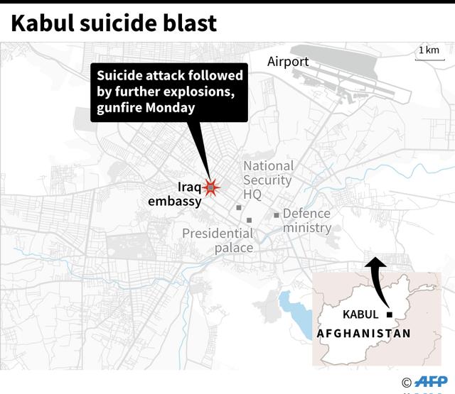 Close-up map of Afghanistan's capital Kabul, locating a suicide attack in front of the Iraqi embassy Monday. (AFP ) Close-up map of Afghanistan's capital Kabul, locating a suicide attack in front of the Iraqi embassy Monday. (AFP )