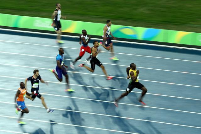 Usain Bolt of Jamaica, Andre de Grasse of Canada and Christophe Lemaitre of France compete in the Men's 200m Final on Day 13 of the Rio 2016 Olympic Games at the Olympic Stadium on August 18, 2016. (Getty Images) Usain Bolt of Jamaica, Andre de Grasse of Canada and Christophe Lemaitre of France compete in the Men's 200m Final on Day 13 of the Rio 2016 Olympic Games at the Olympic Stadium on August 18, 2016. (Getty Images)
