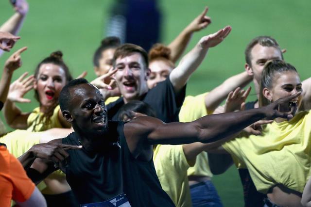 Usain Bolt of Jamaica celebrates after competing in men 150 metre during the Melbourne Nitro Athletics Series at Lakeside Stadium on February 11, 2017 in Melbourne. (Getty Images) Usain Bolt of Jamaica celebrates after competing in men 150 metre during the Melbourne Nitro Athletics Series at Lakeside Stadium on February 11, 2017 in Melbourne. (Getty Images)