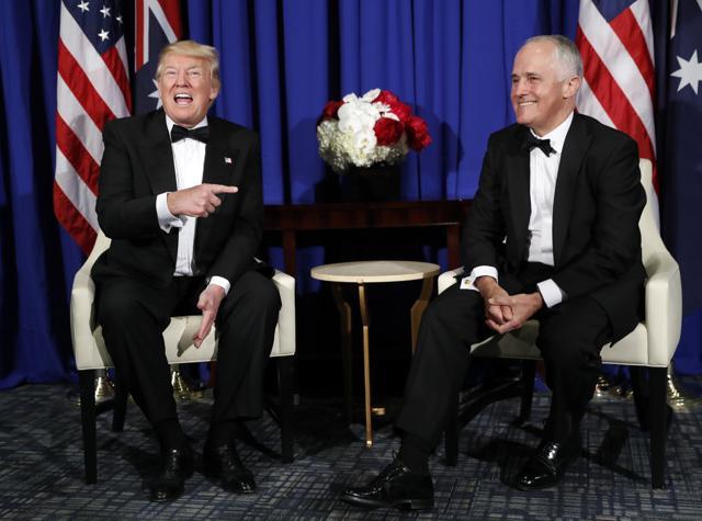 Donald Trump meets Australian Prime Minister Malcolm Turnbull aboard the USS Intrepid, a decommissioned aircraft carrier docked in the Hudson River in New York, on May 4, 2017. (AP) Donald Trump meets Australian Prime Minister Malcolm Turnbull aboard the USS Intrepid, a decommissioned aircraft carrier docked in the Hudson River in New York, on May 4, 2017. (AP)