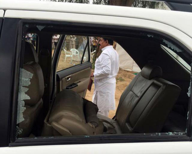 A shattered windowpane of Congress vice president Rahul Gandhi’s car. (HT file) A shattered windowpane of Congress vice president Rahul Gandhi’s car. (HT file)