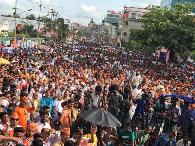 BJP workers at the induction ceremony of six TMC legislators into BJP in Tripura on Monday. (HT Photo)